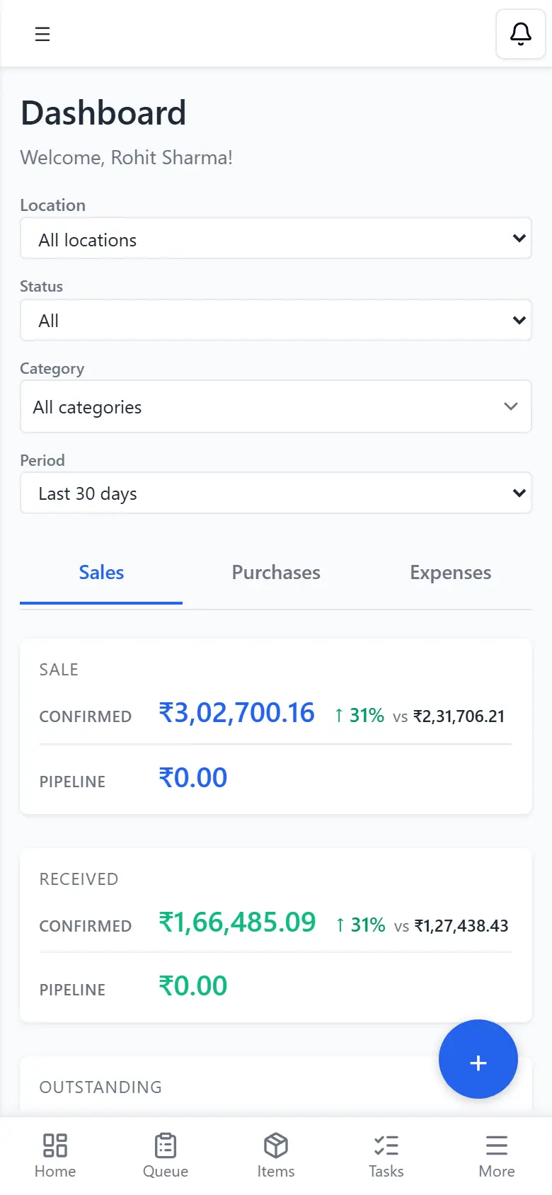 QABILL dashboard on a phone showing confirmed sales and receipts