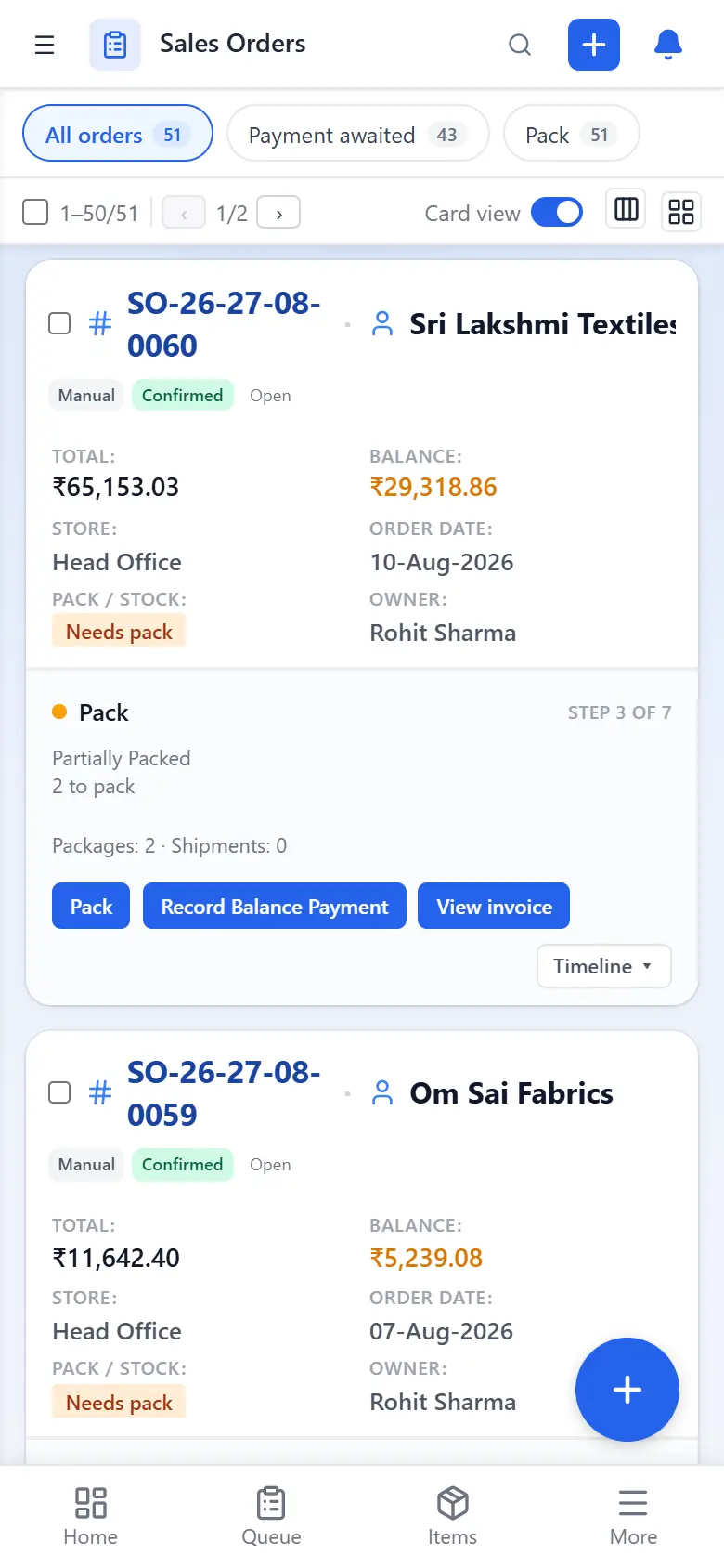Sales order cards on a phone for Shree Krishna Textiles