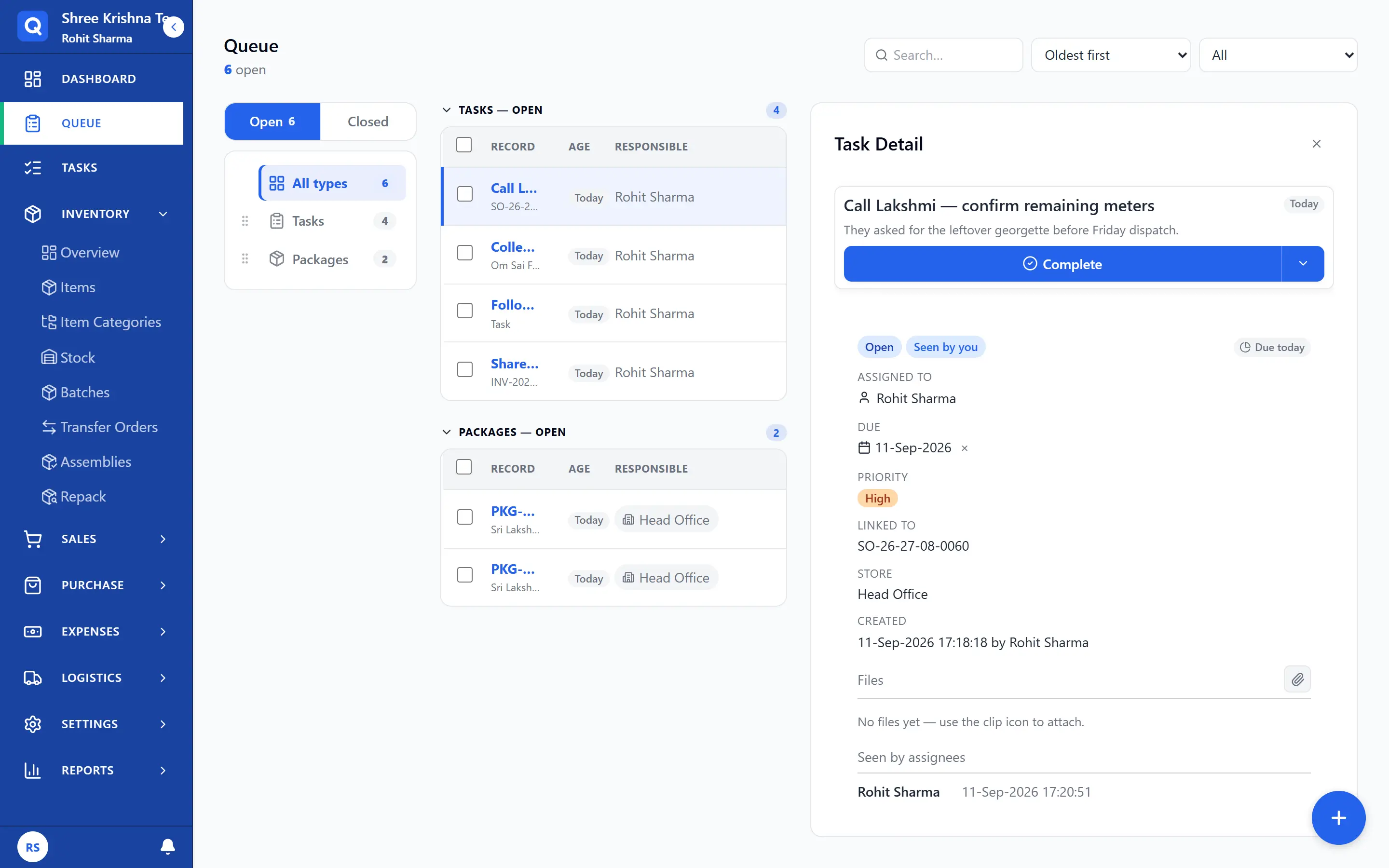 Work queue with tasks and pack jobs open, a follow-up task selected